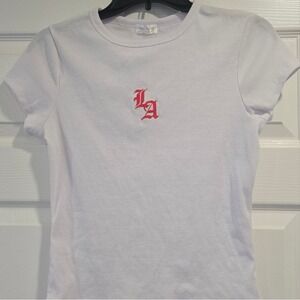LA Graphic by Orange Kiss Shirt White Ribbed Short Sleeve Women's‎ Size L